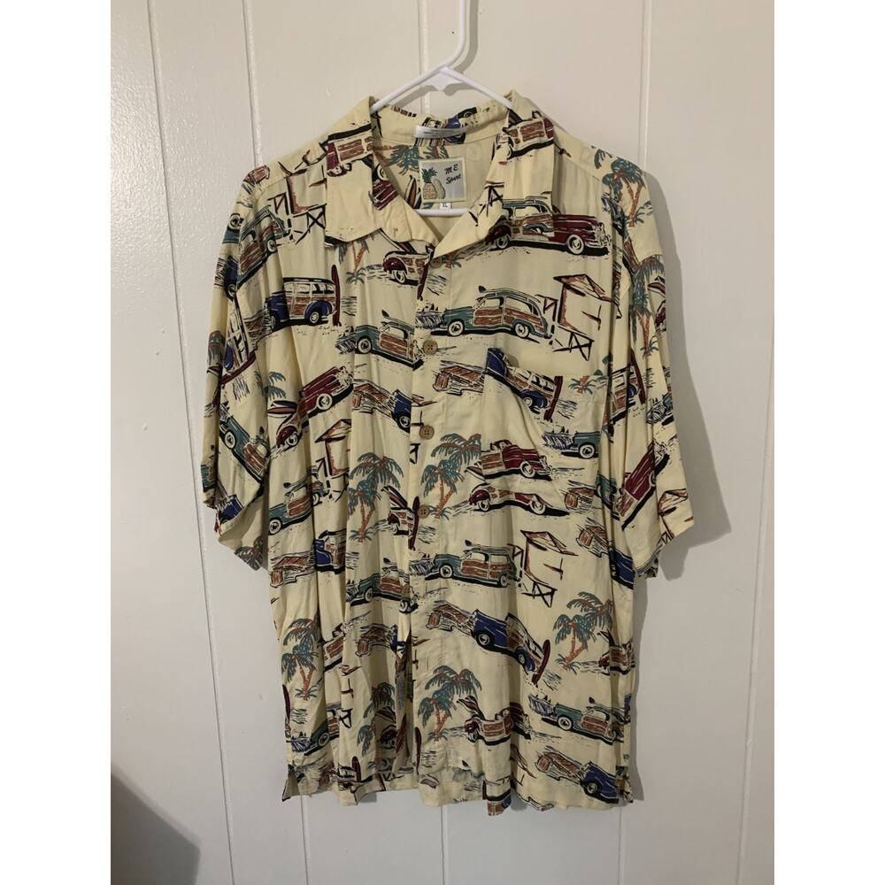 Hawaiian Shirt Tiki Aloha Hawaii Classic Cars Surfboards Palm Trees XL Vintage